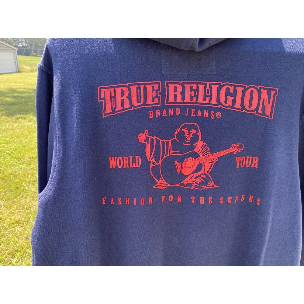 True Religion Mens Navy Blue Zip Up Hoodie Buddha World Tour Graphic Size M‎